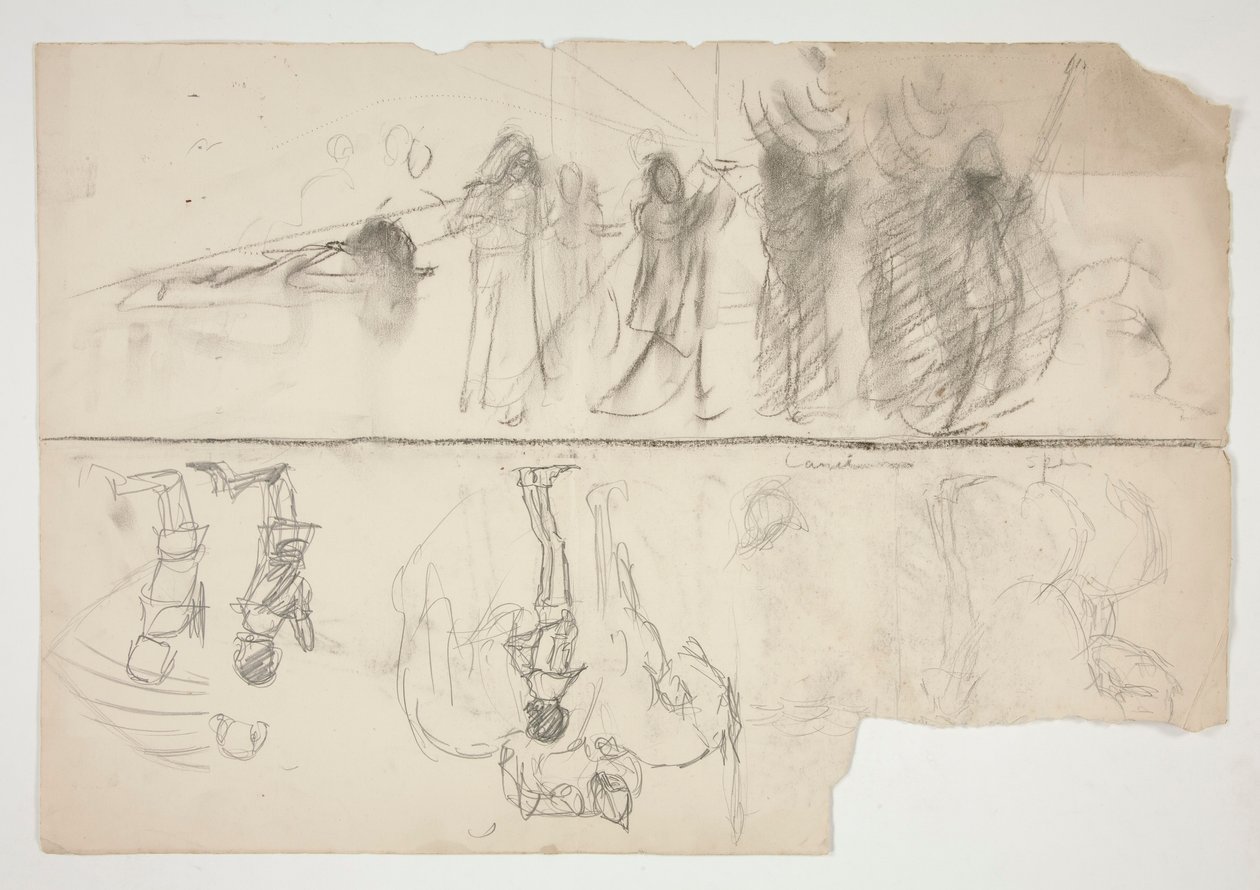 Feuille de croquis pour la série murale La Quête du Saint Graal à la bibliothèque publique de Boston (recto); Croquis non identifié (verso) - Edwin Austin Abbey
