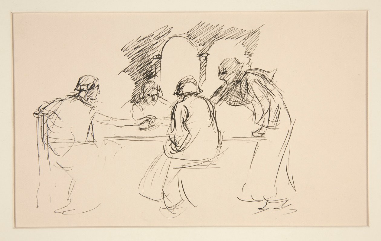 Esquisse de quatre hommes en costume médiéval à une table - illustration non identifiée, possiblement pour - Edwin Austin Abbey