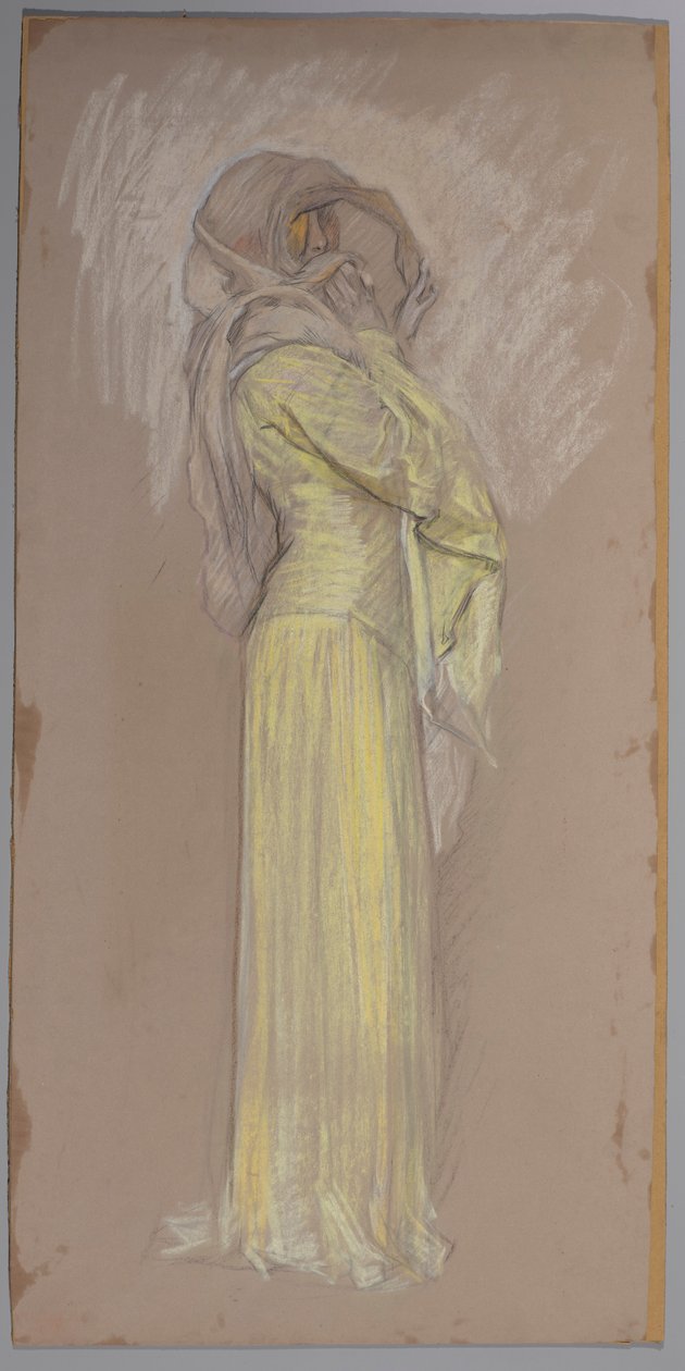 Étude, Femme en robe jaune avec voile brun sur le visage - Edwin Austin Abbey