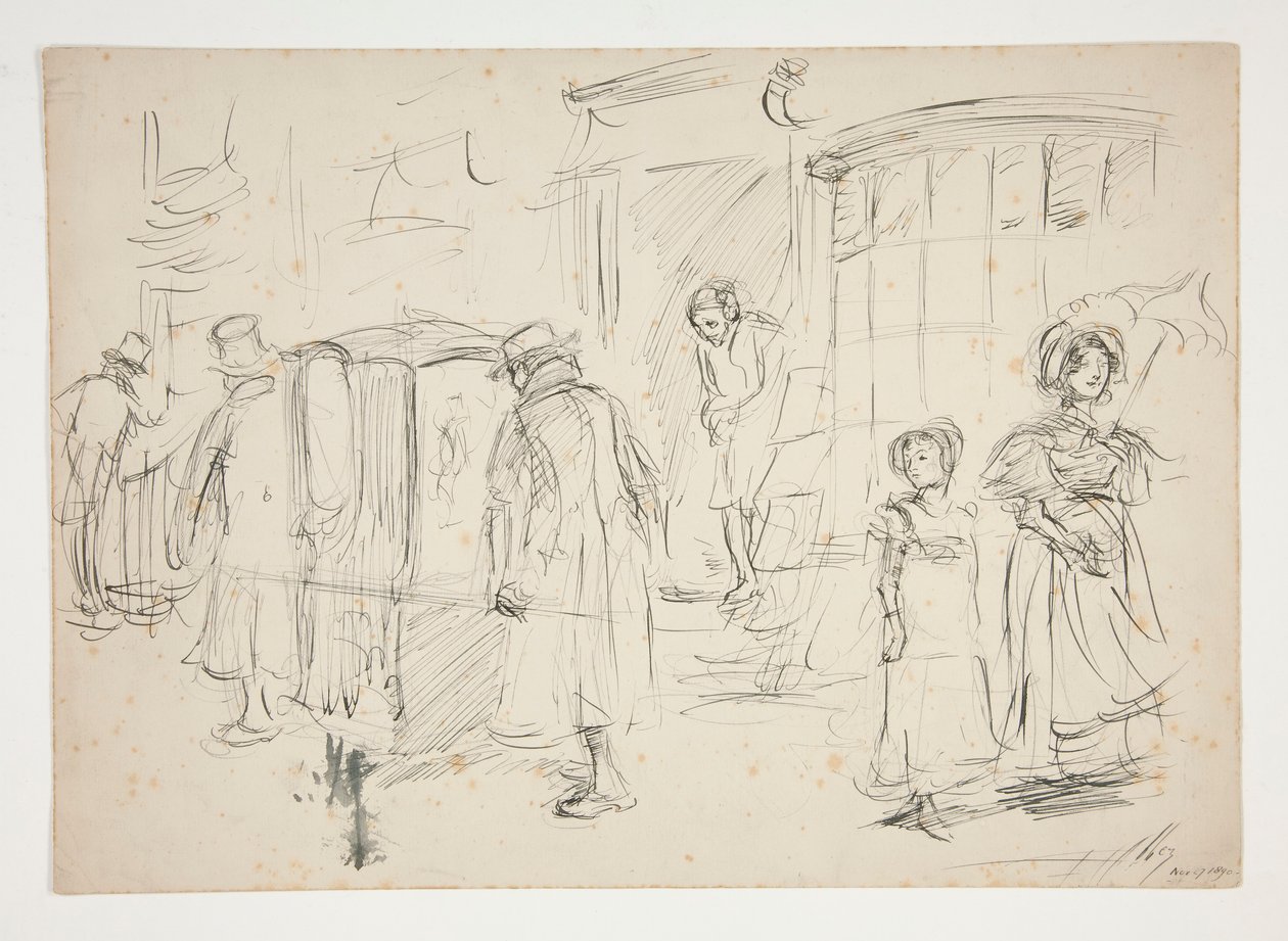 Étude de scène de rue avec chaise à porteurs - Edwin Austin Abbey