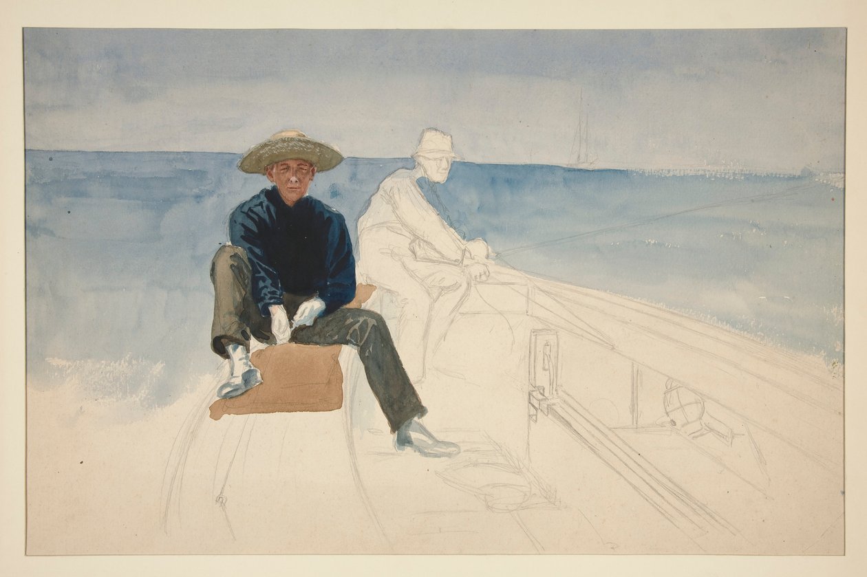Dessin inachevé de deux hommes naviguant | Estampe d'art