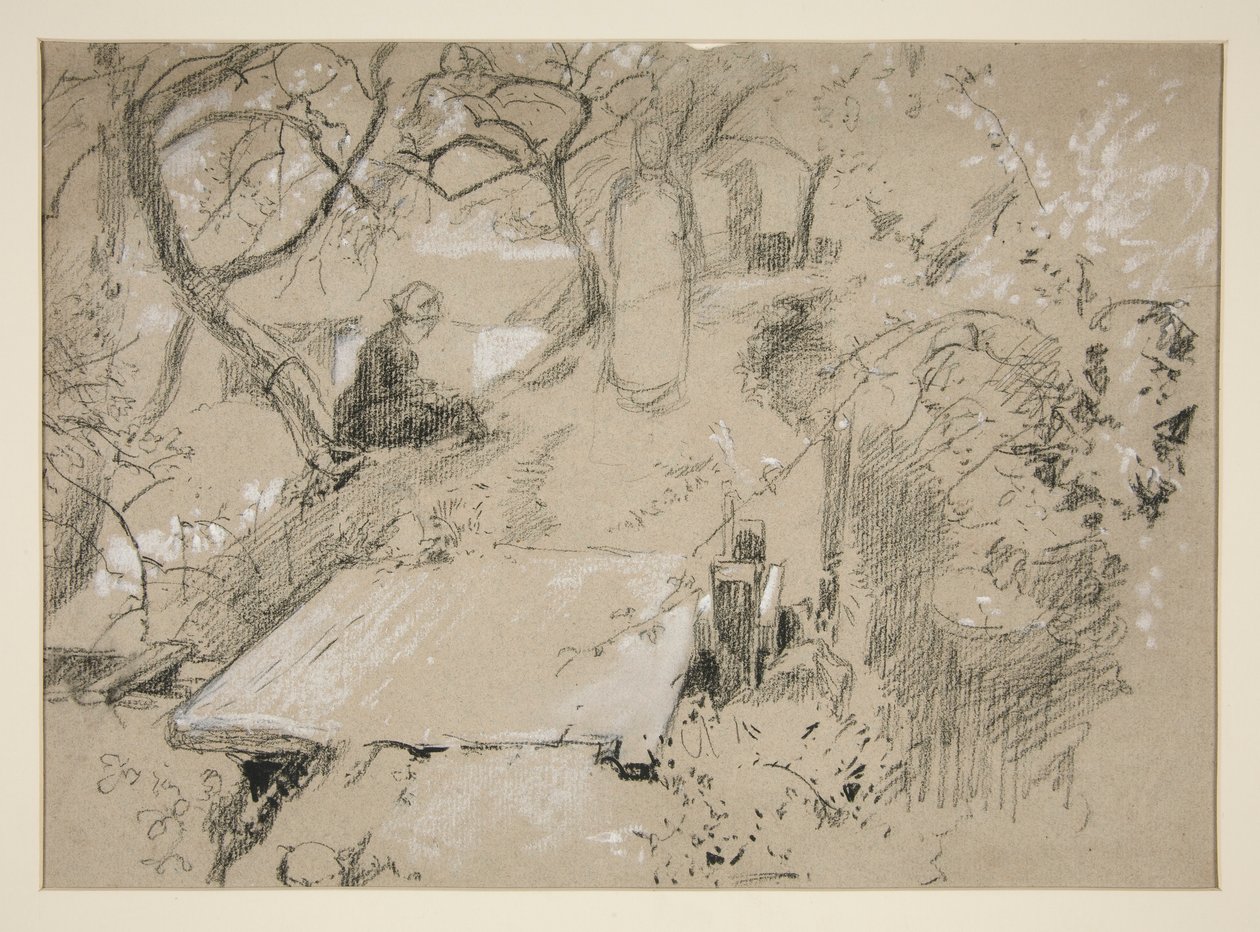 Femme assise sur un banc dans un jardin ou un parc public - illustration non identifiée - Edwin Austin Abbey