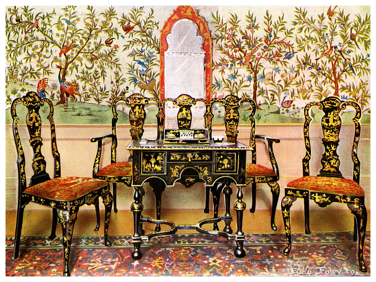 Canapé en laque noire, chaises et table et miroir en laque rouge, 1910 - Edwin Foley