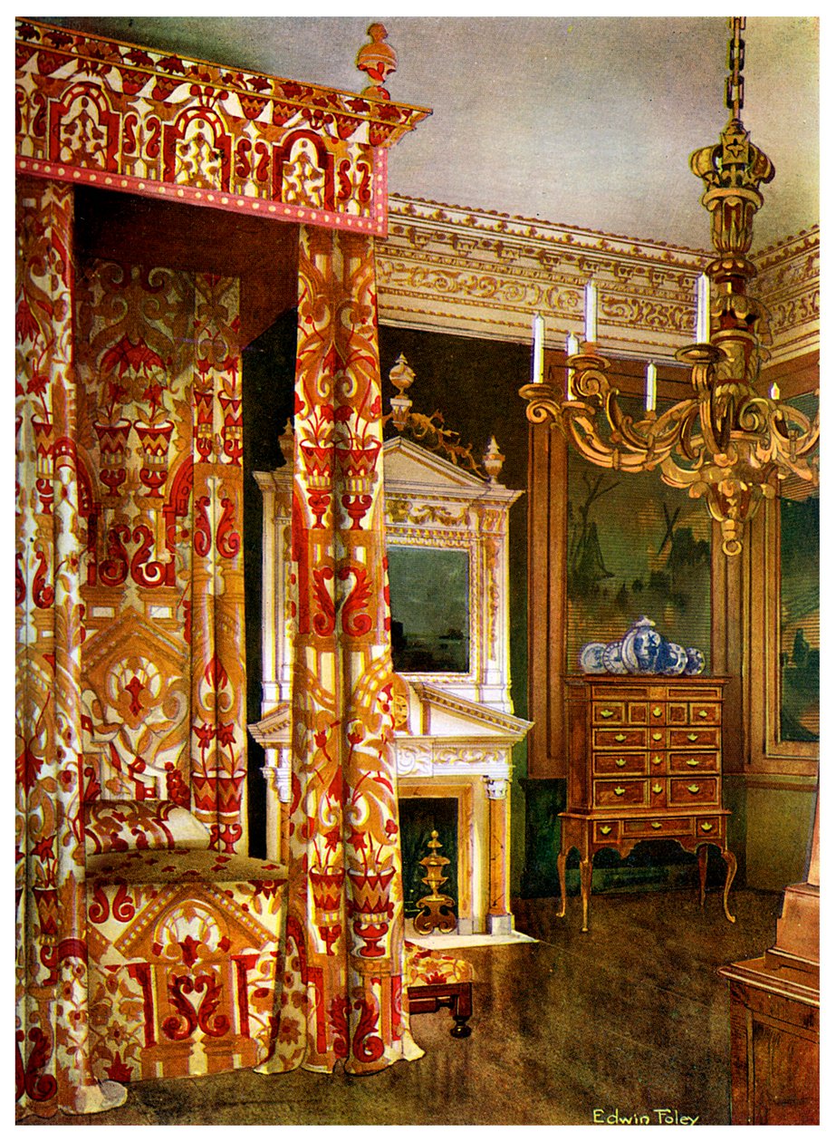 Lit de la reine Anne, commode sur un support et un candélabre en bois, 1910 - Edwin Foley