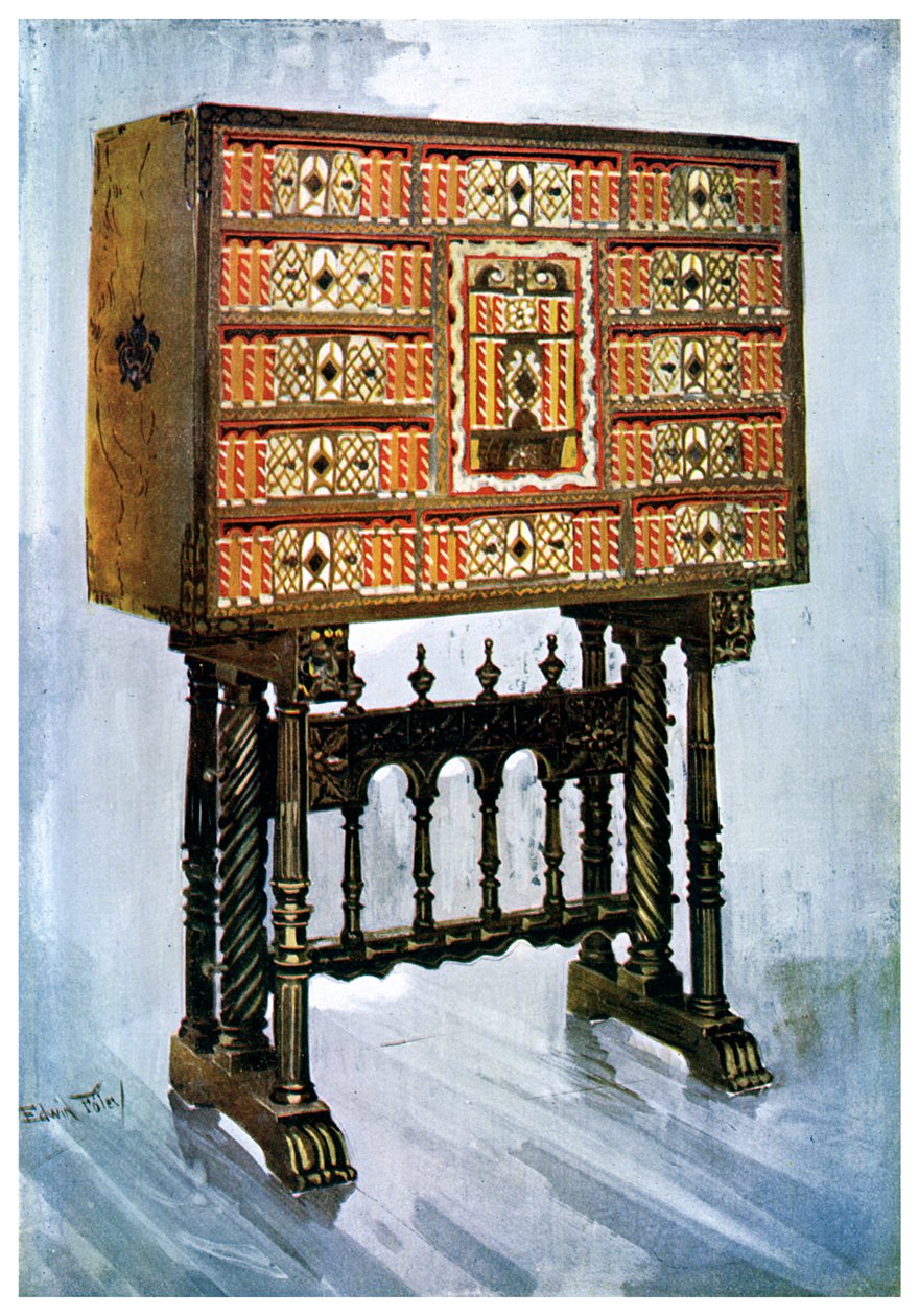 Cabinet Vargueno en châtaignier, ivoire et autres matériaux, 1910 - Edwin Foley