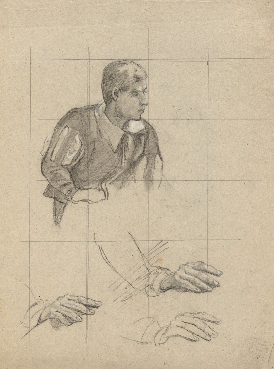 Homme assis et étude de mains, esquisse pour la signature du pacte dans la cabine du Mayflower - Edwin White