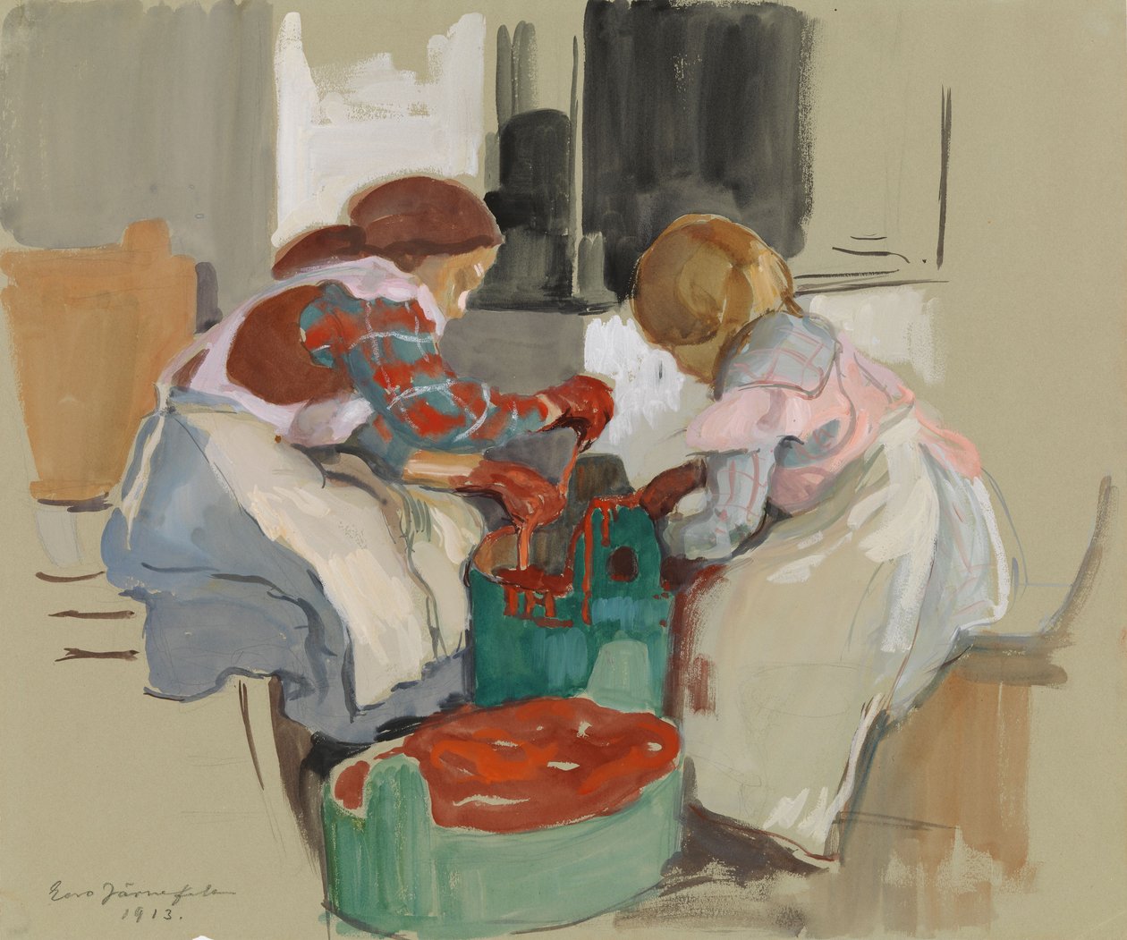 Deux filles en train de teindre du tissu - Eero Järnefelt