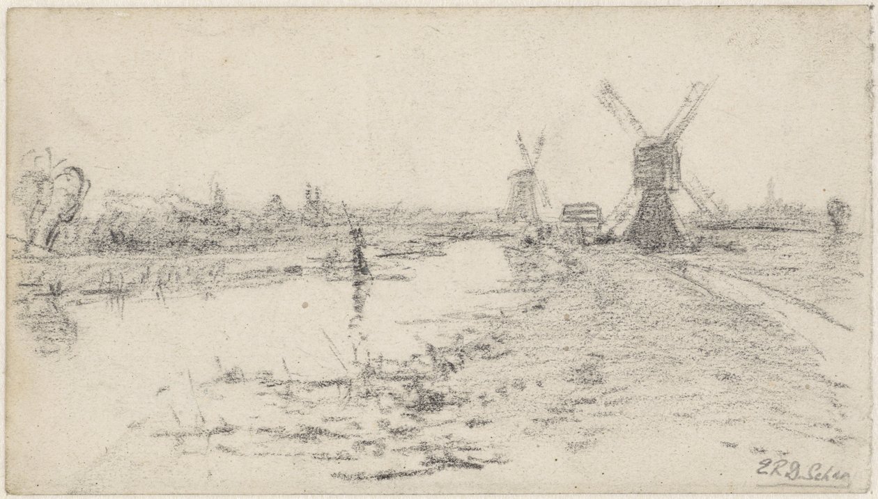 Paysage avec rivière et deux moulins - Egbert Rubertus Derk Schaap
