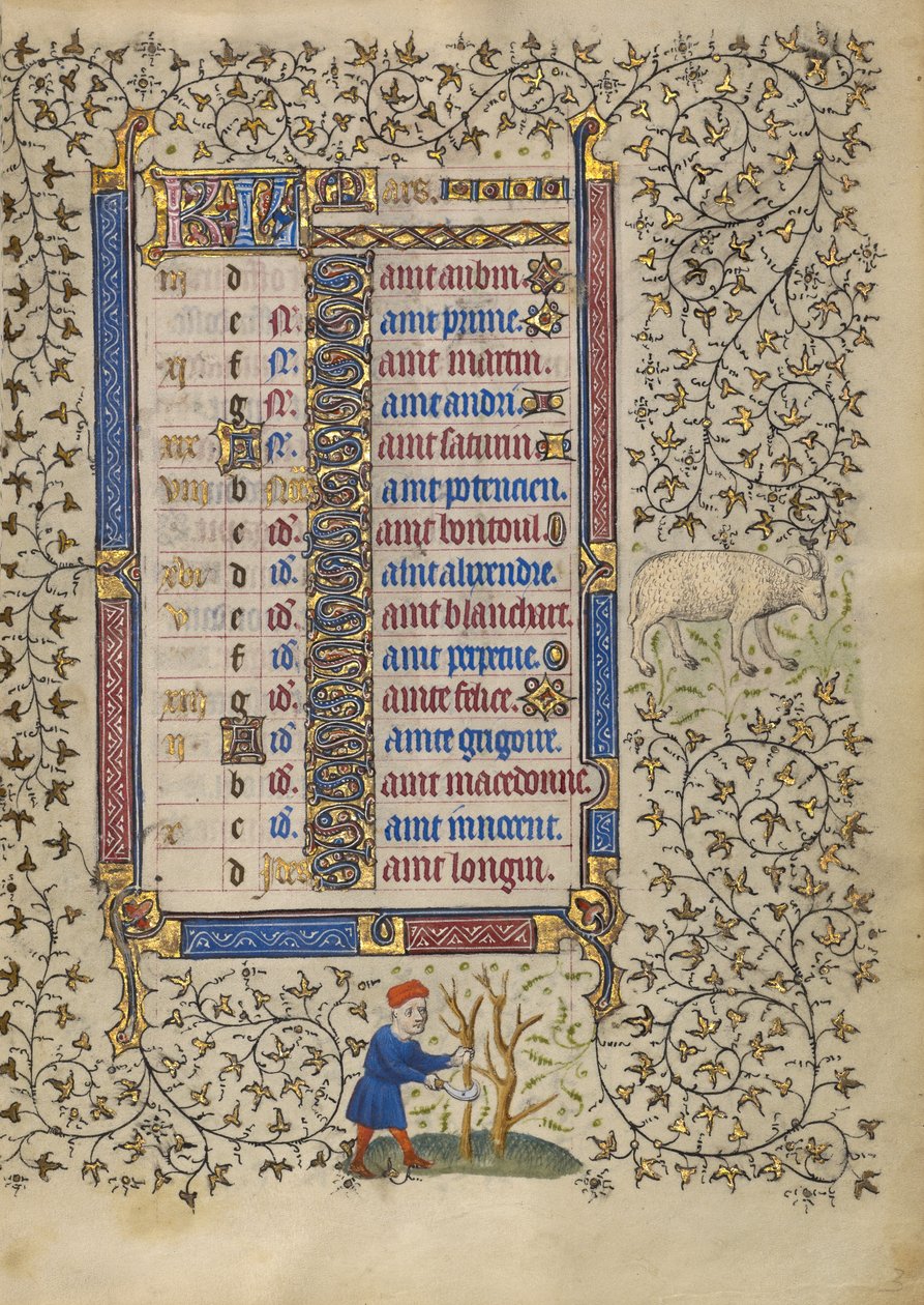 Page du calendrier pour le mois de mars ; Taille des arbres ; Bélier - Egerton Master