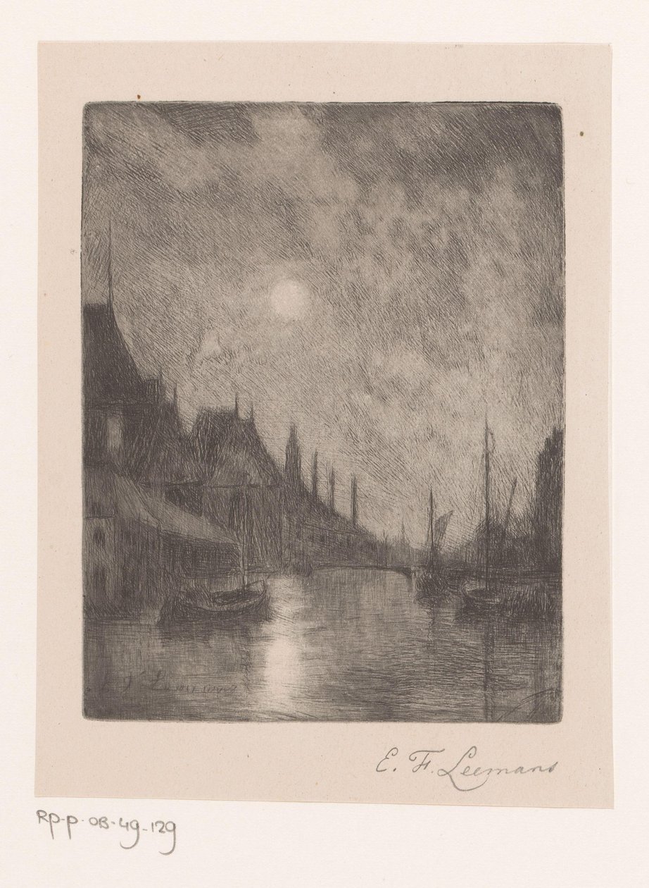 Vue de rivière dans une ville la nuit - Egide François Leemans (signed by artist)