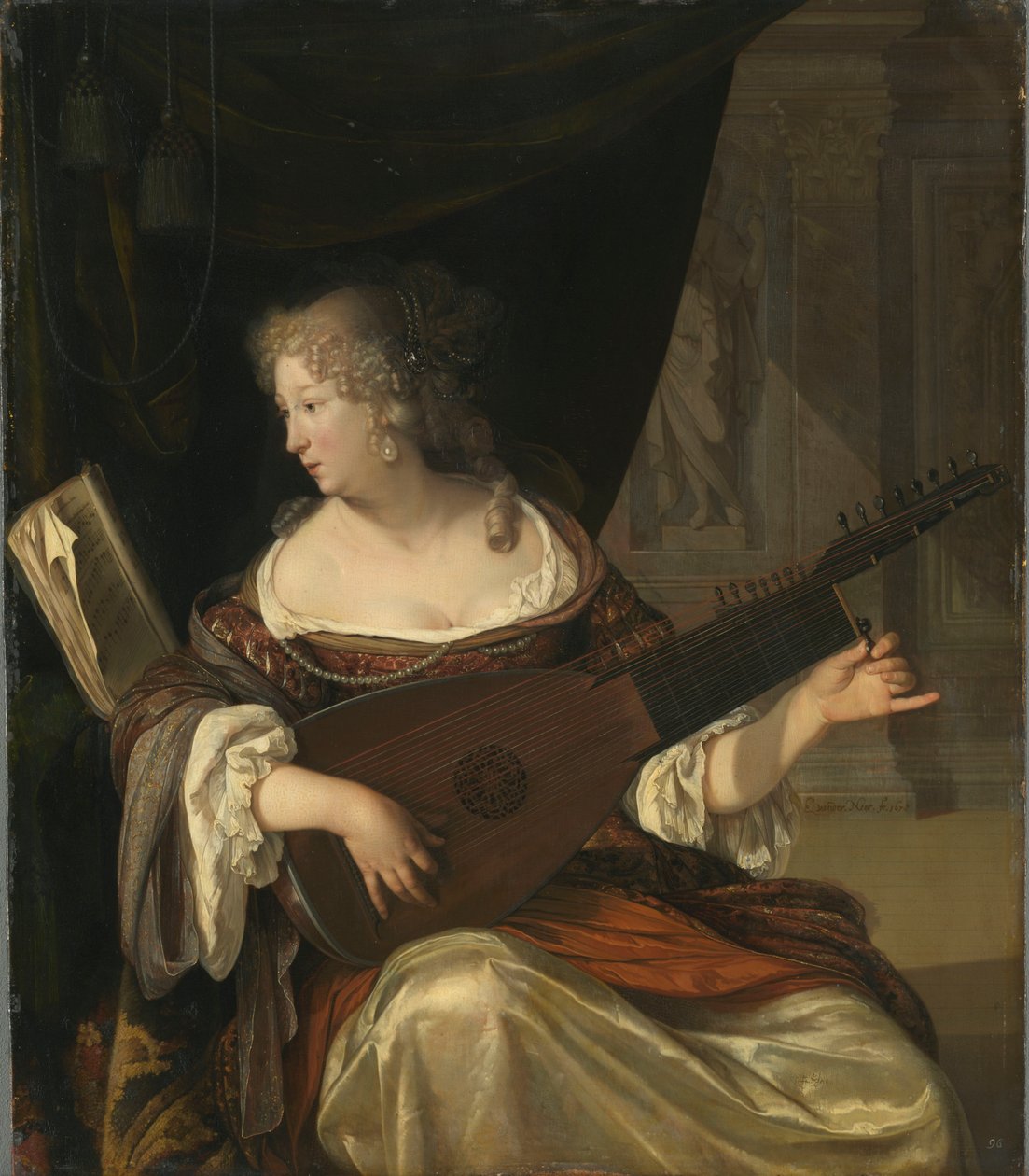 Femme accordant un théorbe - Eglon van der Neer