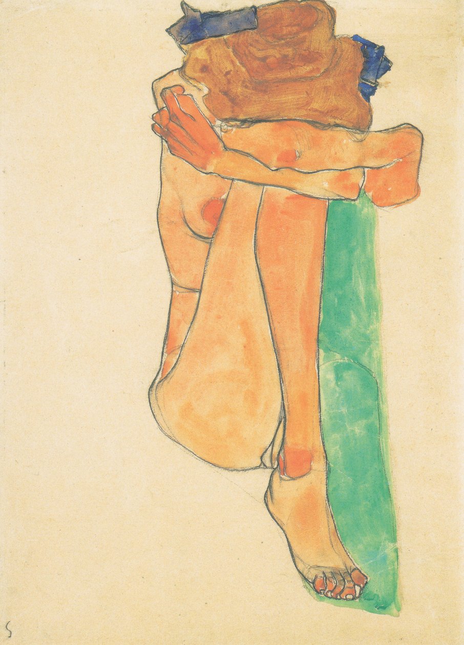 Nu féminin avec coussins verts - Egon Schiele
