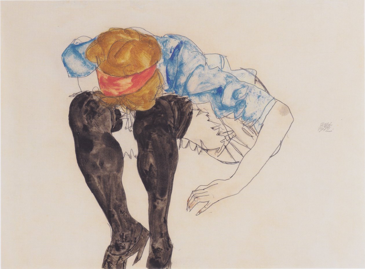 Blonde, penchée avec des bas noirs - Egon Schiele