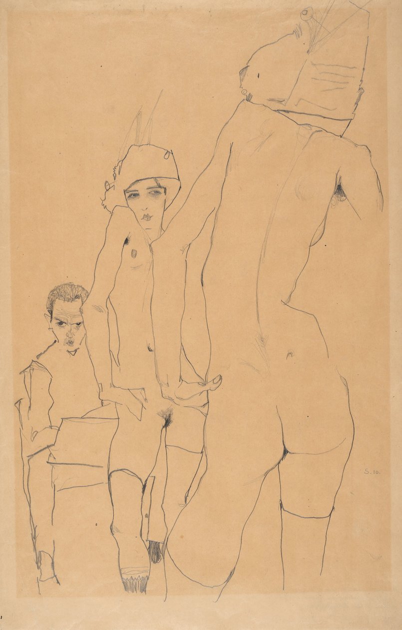 Schiele avec modèle nu devant le miroir, 1910 - Egon Schiele