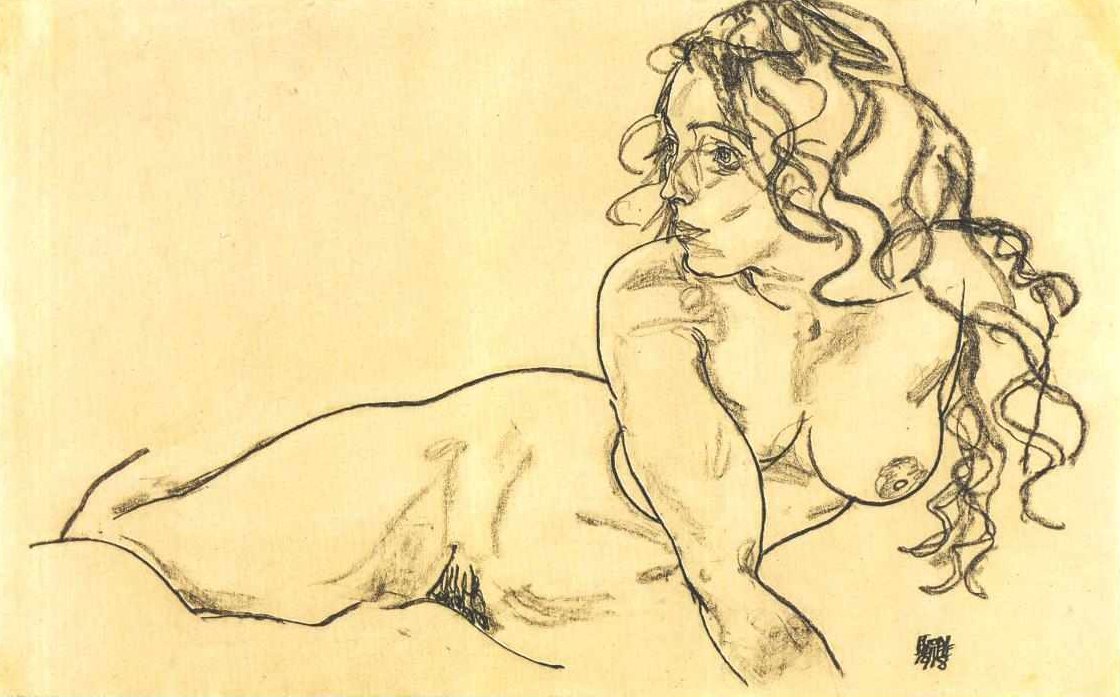 Nu féminin appuyé avec de longs cheveux - Egon Schiele