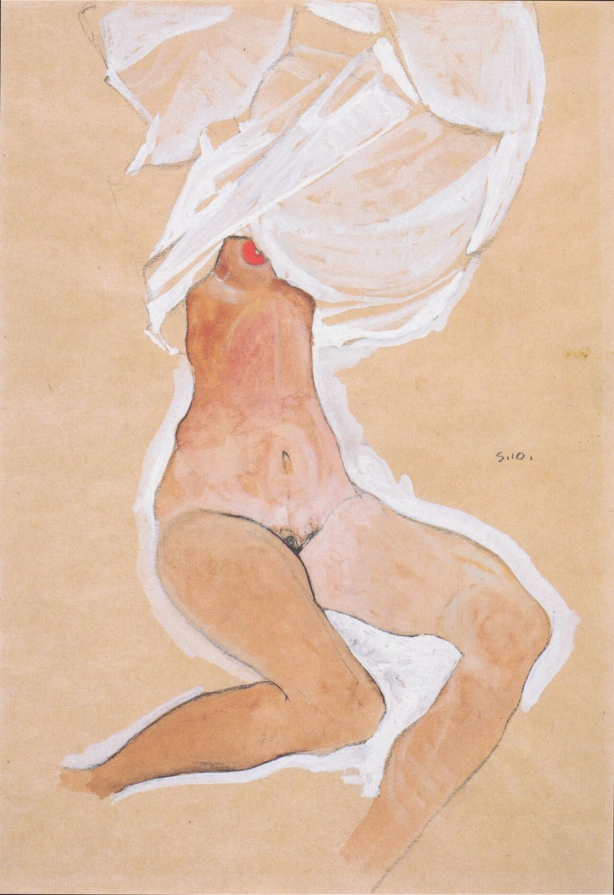 Nu féminin assis avec chemise sur la tête - Egon Schiele