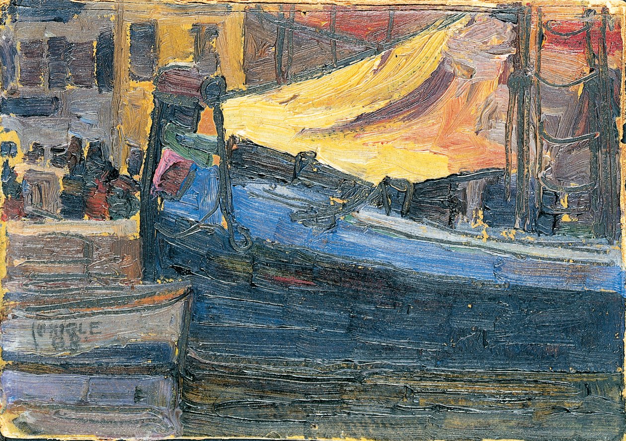 Bateaux ancrés avec un mur de maison en arrière-plan, 1908 - Egon Schiele