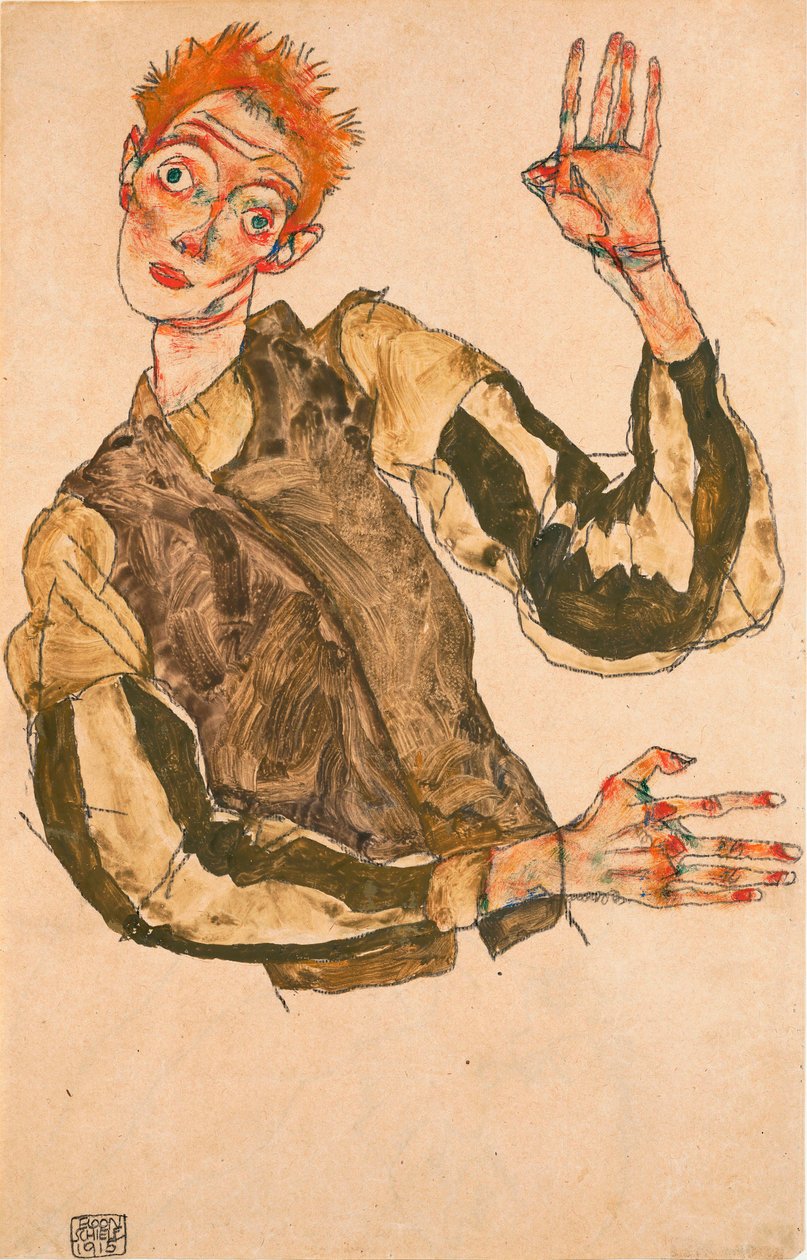 Autoportrait avec manches à rayures - Egon Schiele