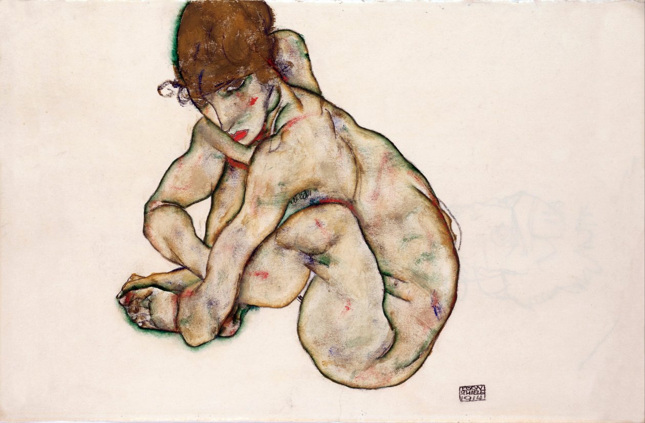 Fille nue accroupie - Egon Schiele
