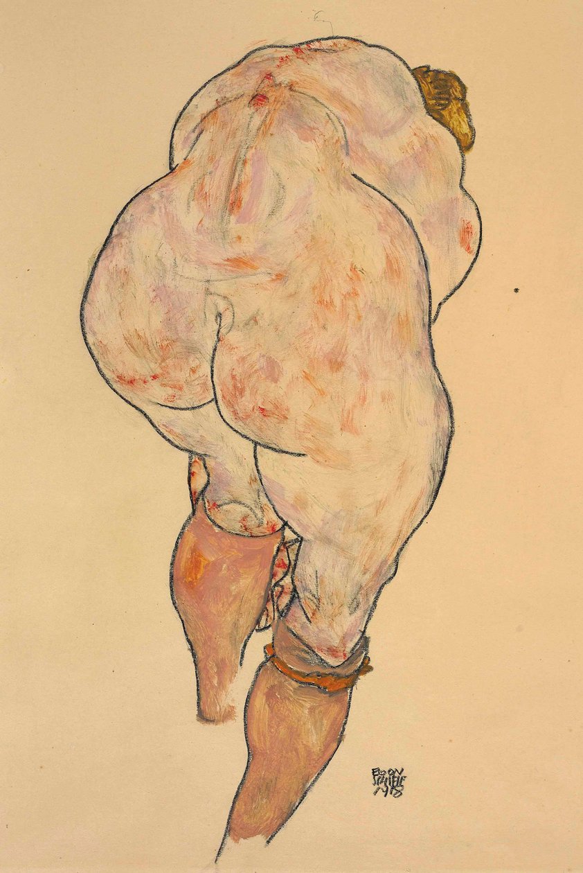 Femme nue remontant ses bas, vue de dos, 1918 - Egon Schiele
