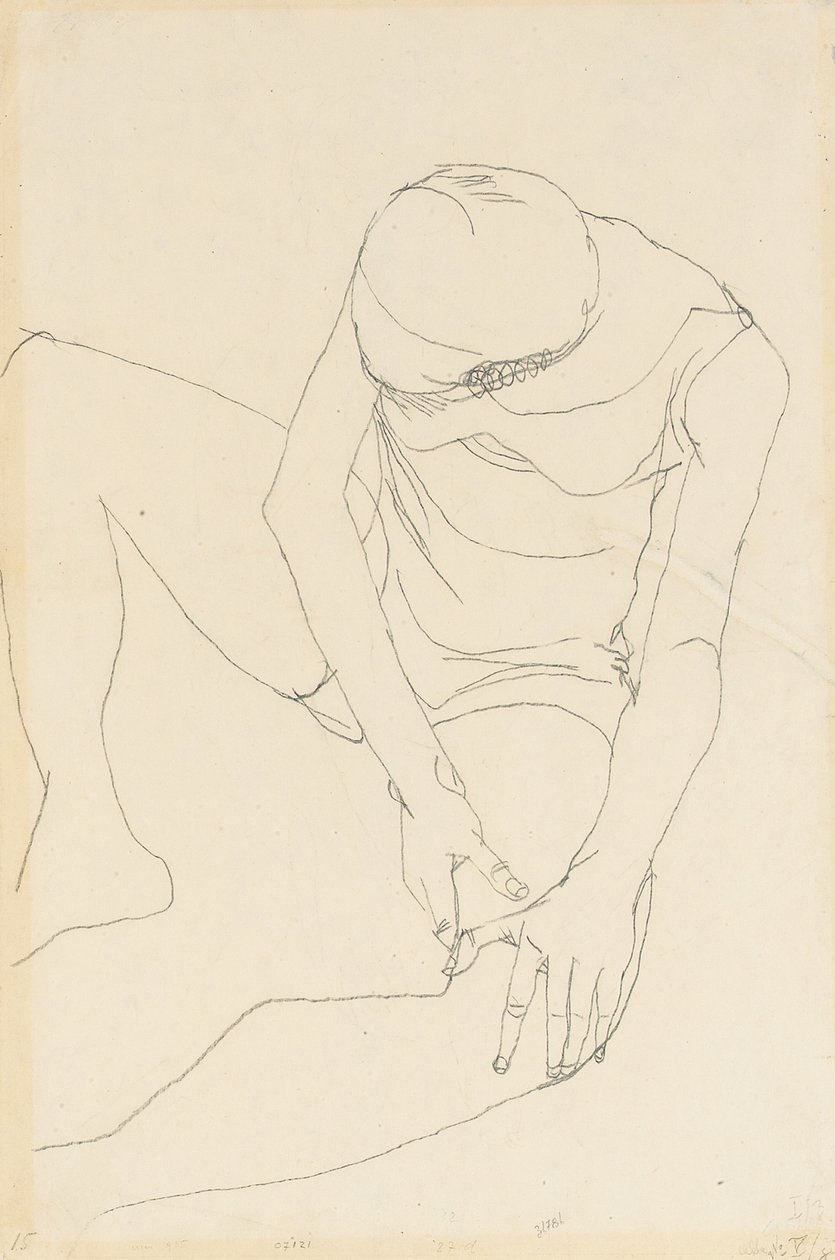 Nu féminin penché en avant, les deux mains sur la cuisse gauche - Egon Schiele