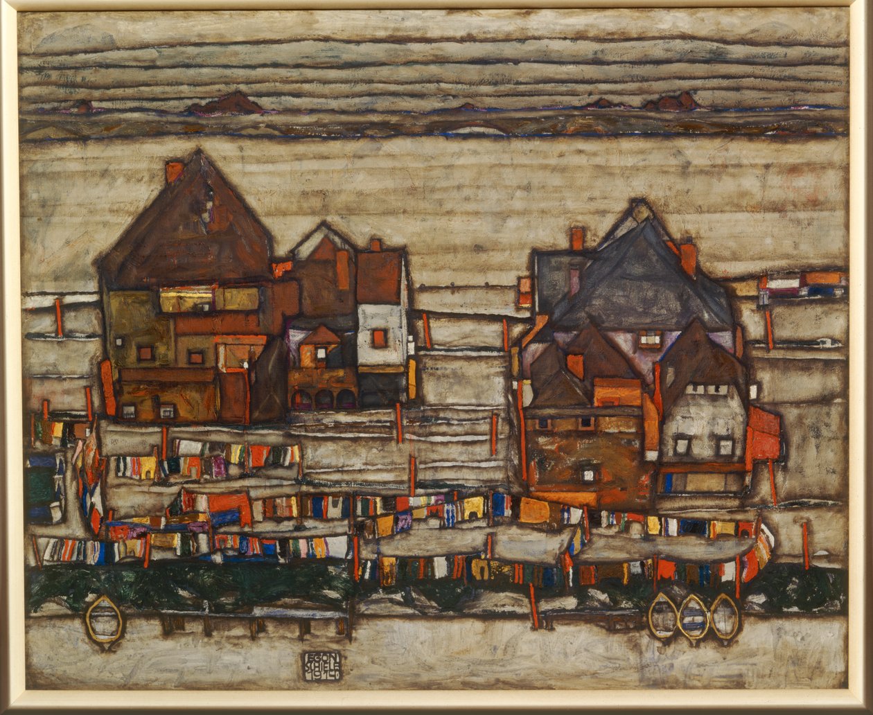 Maisons et linge coloré, banlieue, aussi Deux pâtés de maisons avec des cordes à linge ... - Egon Schiele