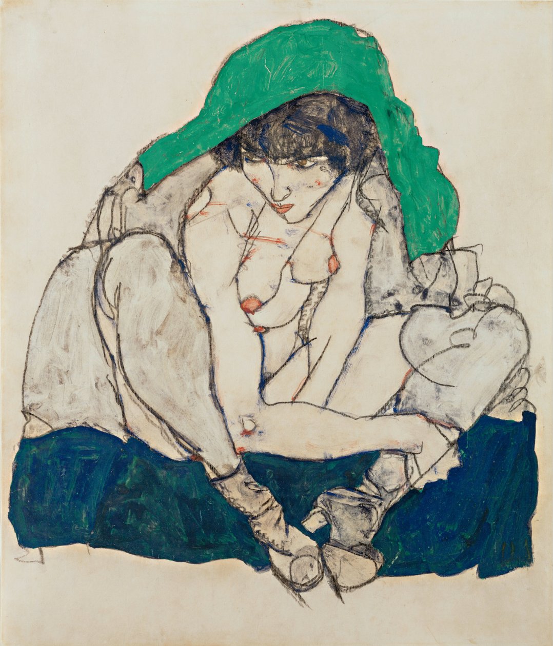 Femme accroupie avec foulard vert - Egon Schiele