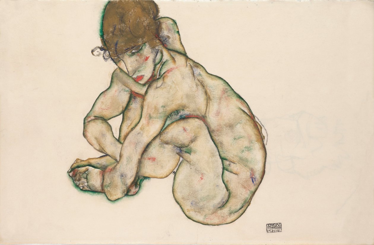 Nu de jeune fille accroupie - Egon Schiele