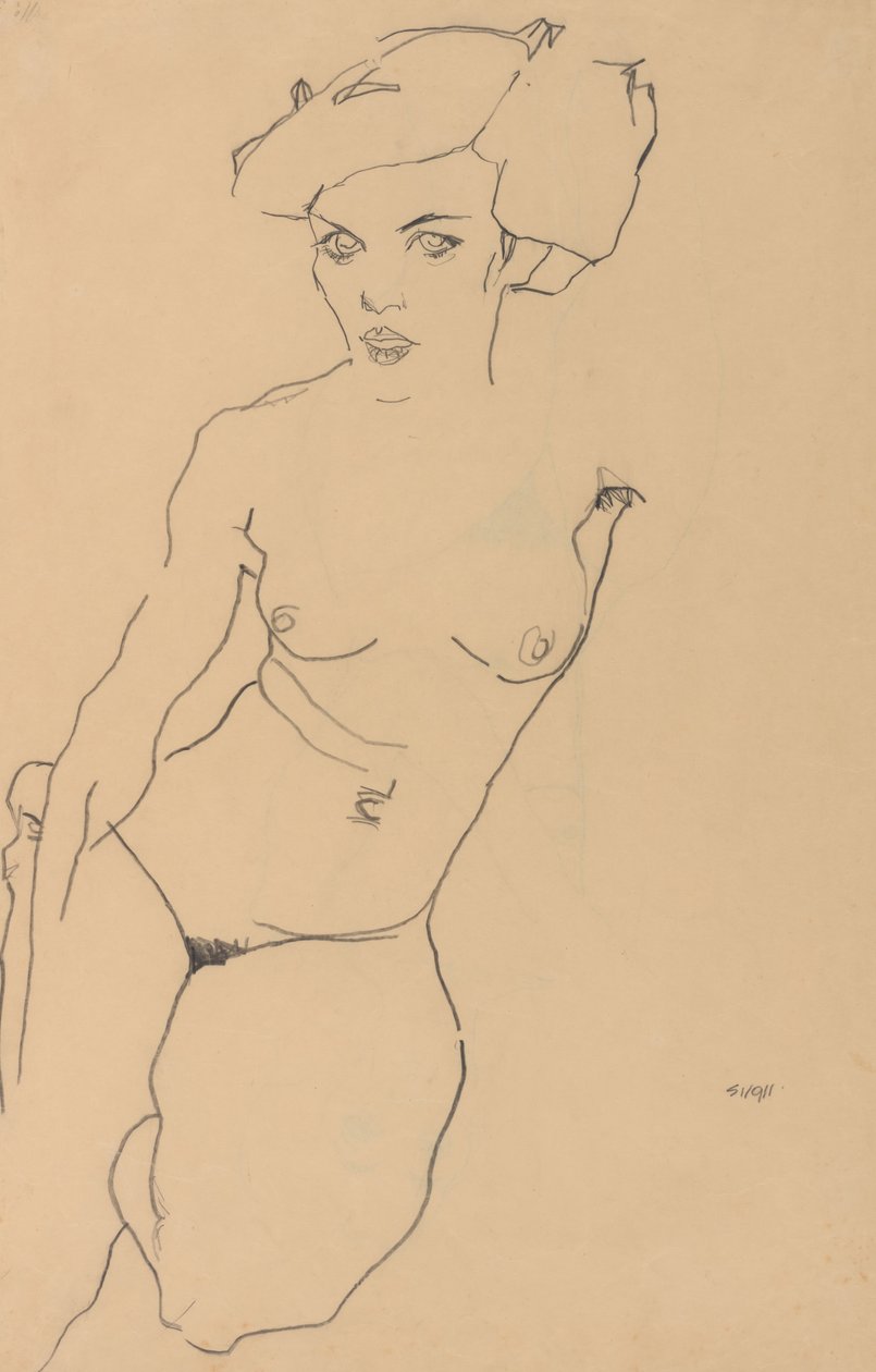 Nu féminin agenouillé - Egon Schiele