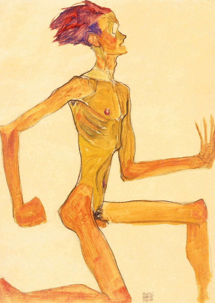 Homme nu agenouillé, de profil à droite - Egon Schiele