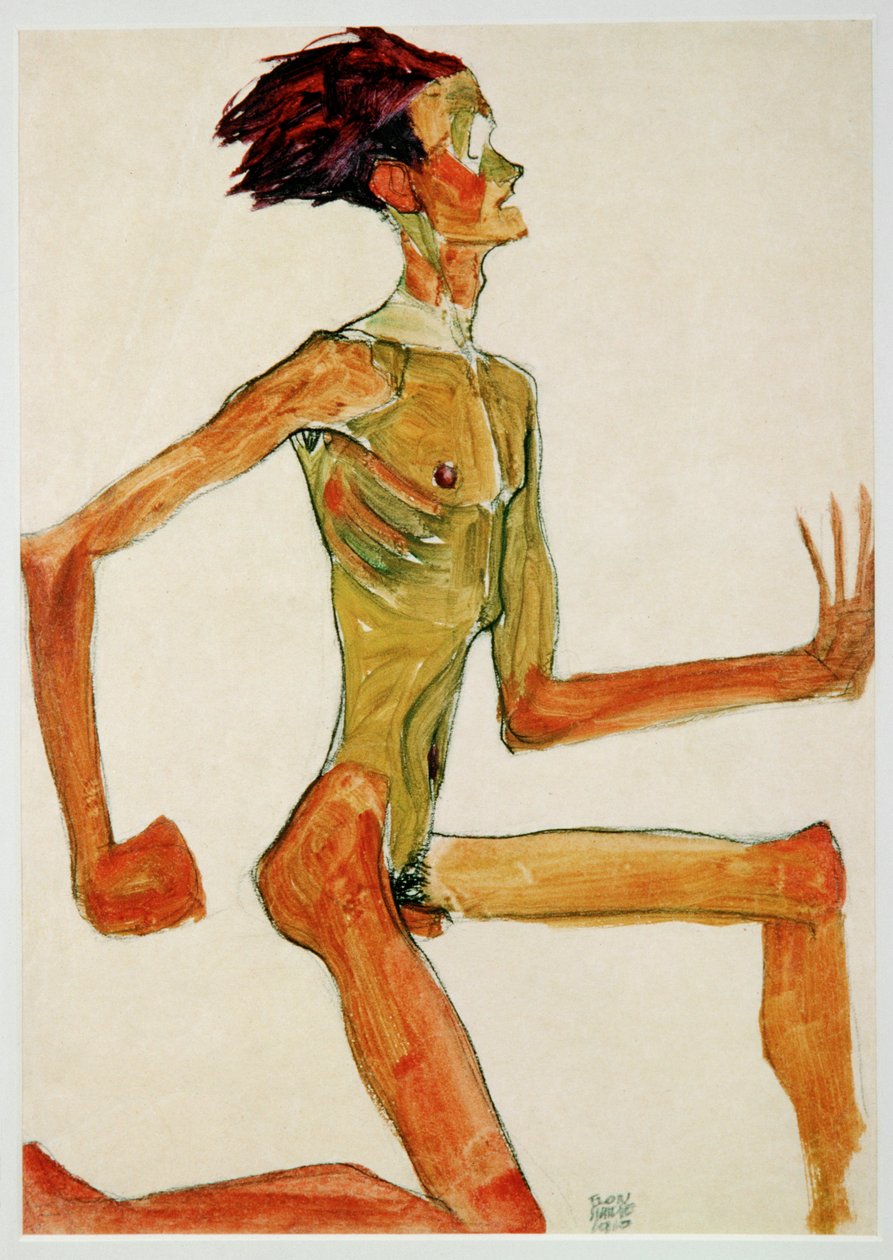 Nu masculin agenouillé, de profil tourné vers la droite (gouache, aquarelle et crayon noir) - Egon Schiele