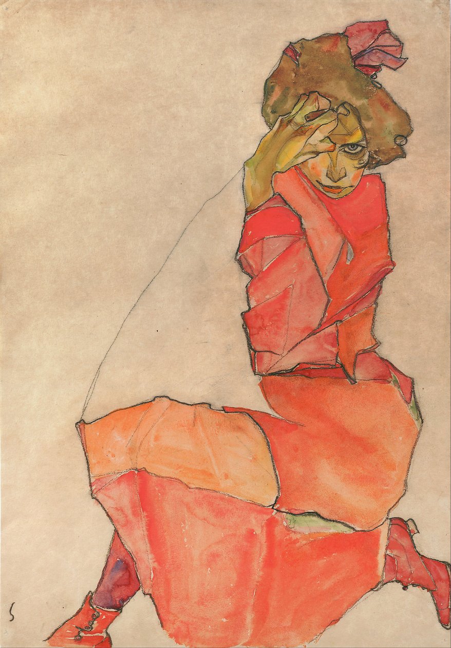 Femme agenouillée en robe rouge-orange - Egon Schiele