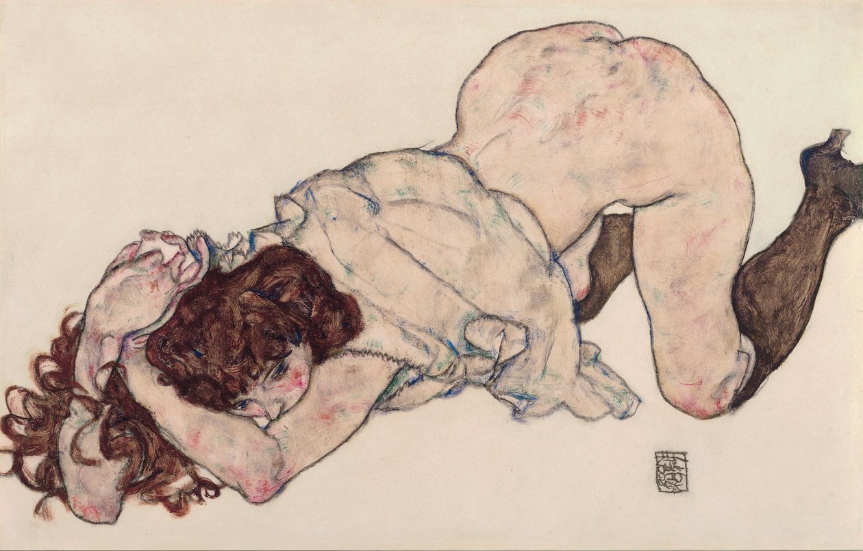 Jeune fille à genoux, appuyée sur ses deux coudes - Egon Schiele