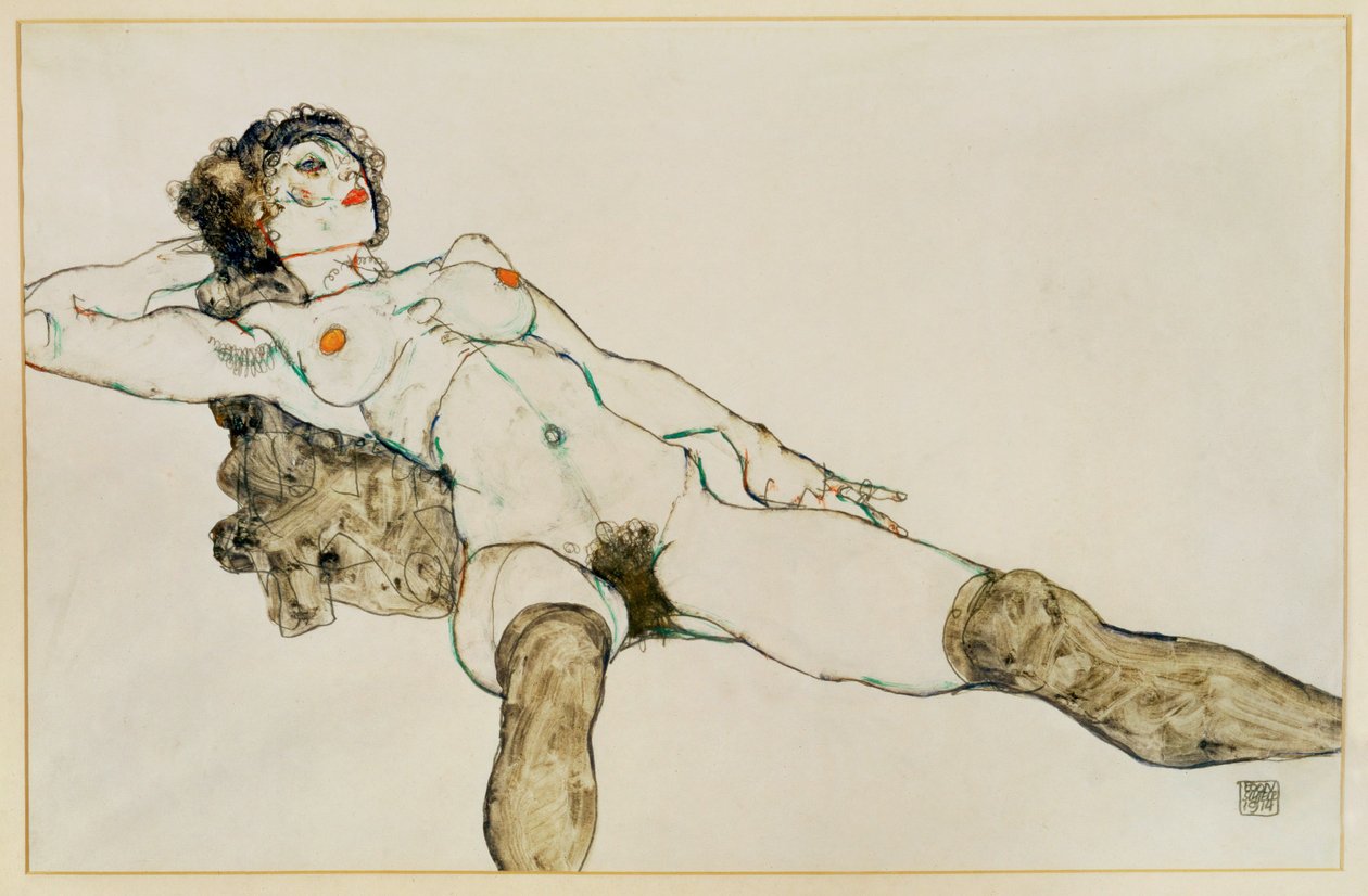 Nu féminin couché, jambes écartées ... (gouache et crayon) - Egon Schiele