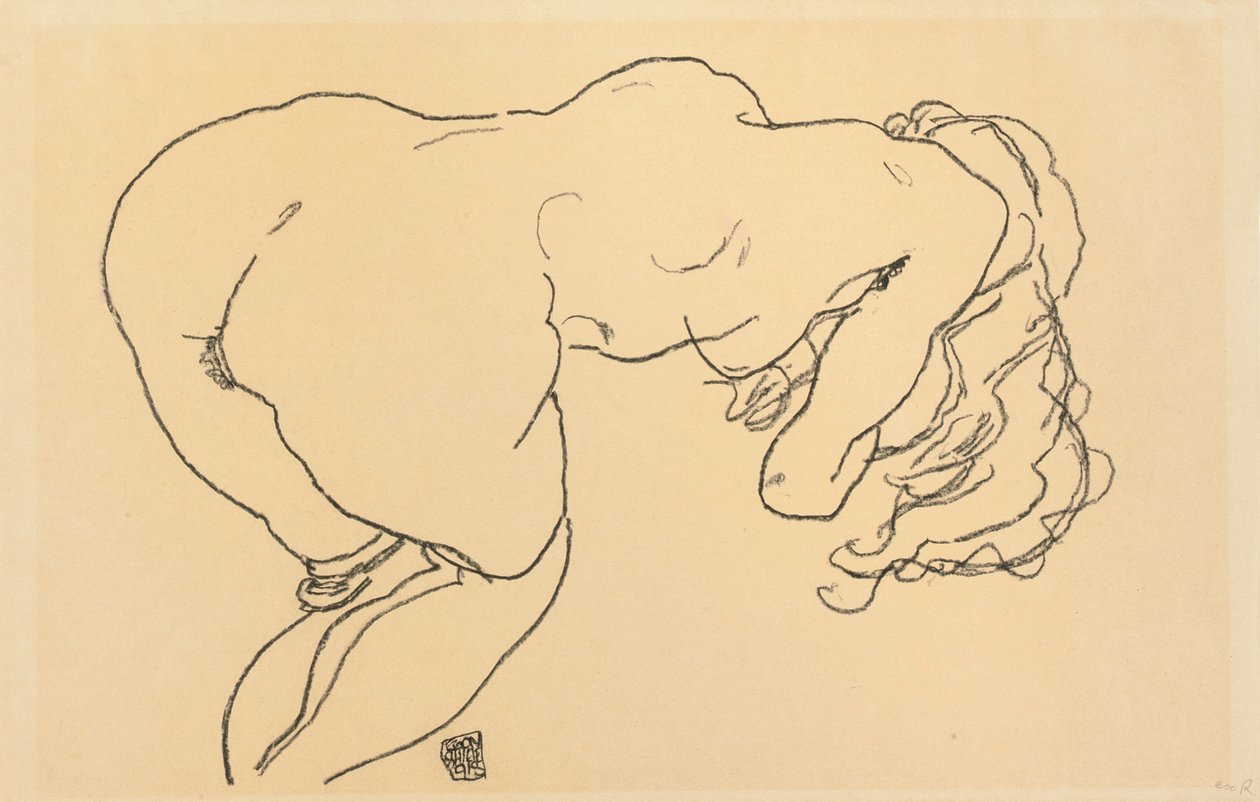 Nu aux longs cheveux, penché en avant, vue de dos, 1918 - Egon Schiele
