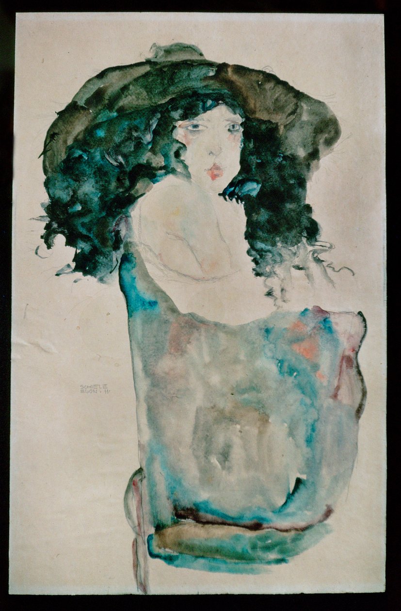 Jeune fille aux cheveux bleu-noir et chapeau (gouache, aquarelle et crayon) - Egon Schiele