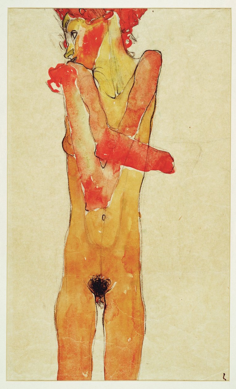 Nu de jeune fille aux bras croisés (nu girl with ... (watercolour and charcoal) - Egon Schiele