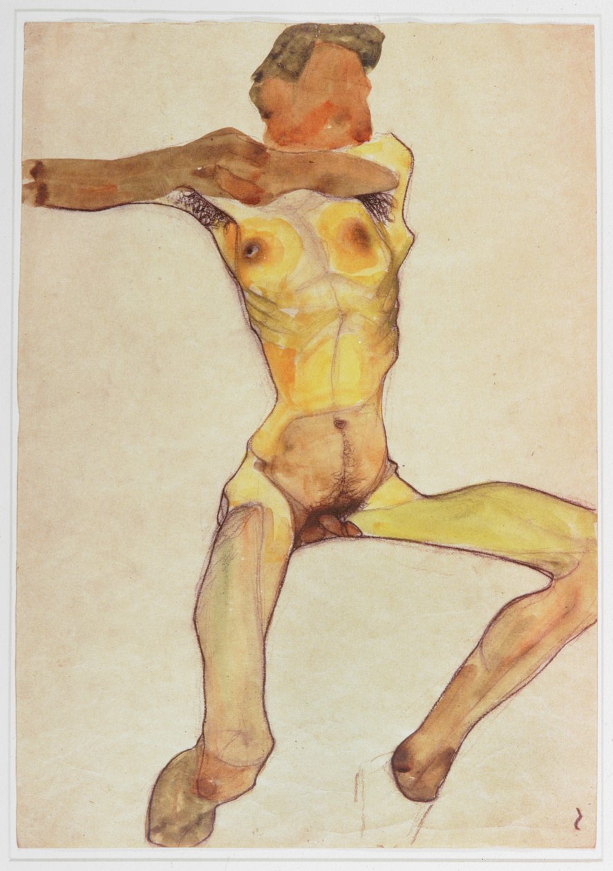 Nu masculin, jaune (aquarelle et fusain) - Egon Schiele