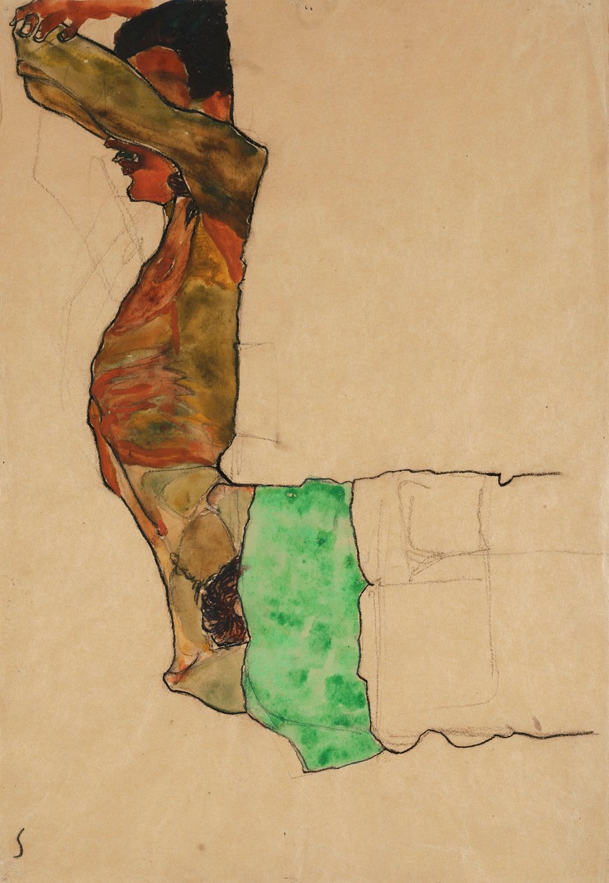 Nu masculin allongé avec un tissu vert - Egon Schiele