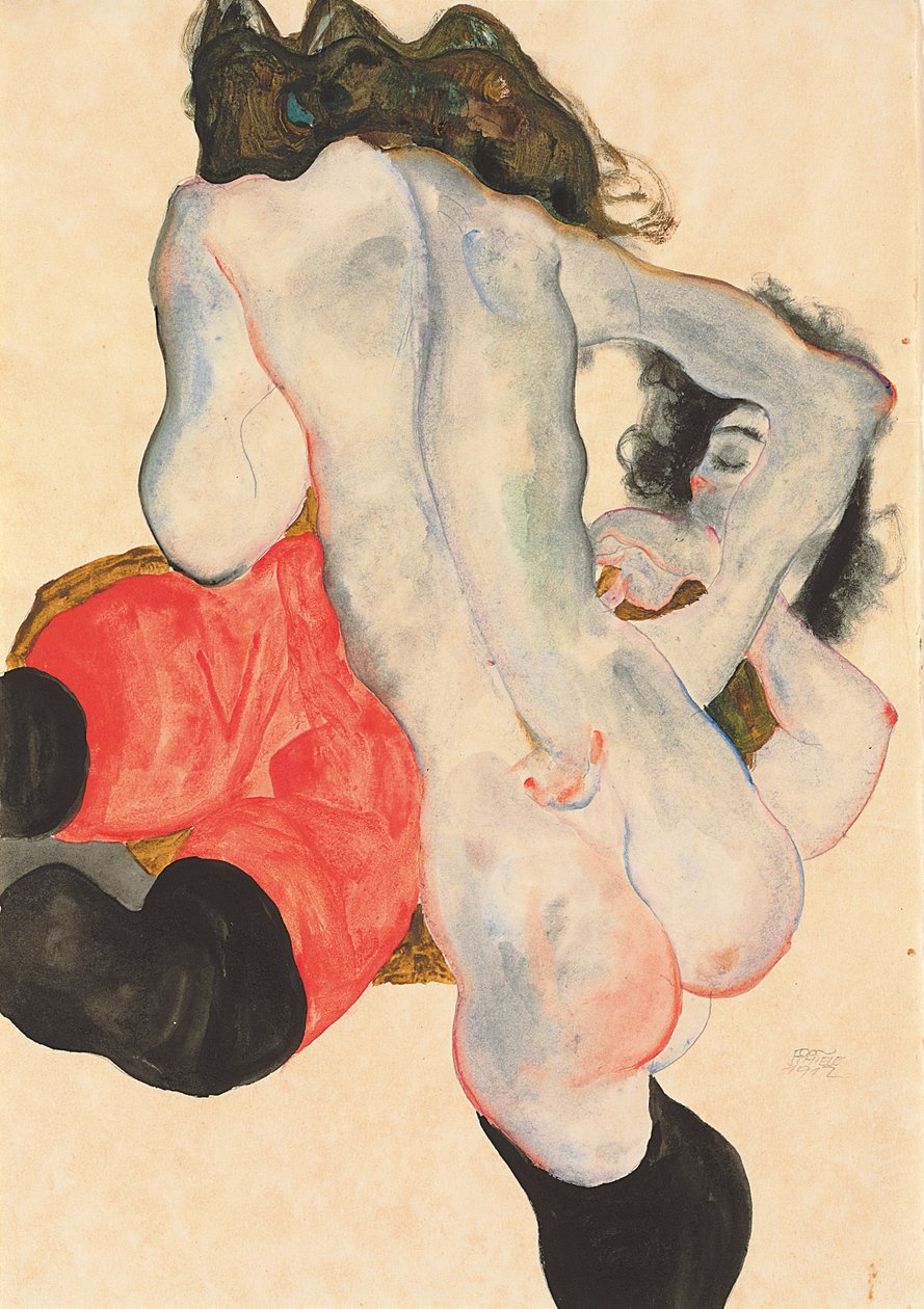 Femme allongée en pantalon rouge et femme nue debout, 1912 - Egon Schiele