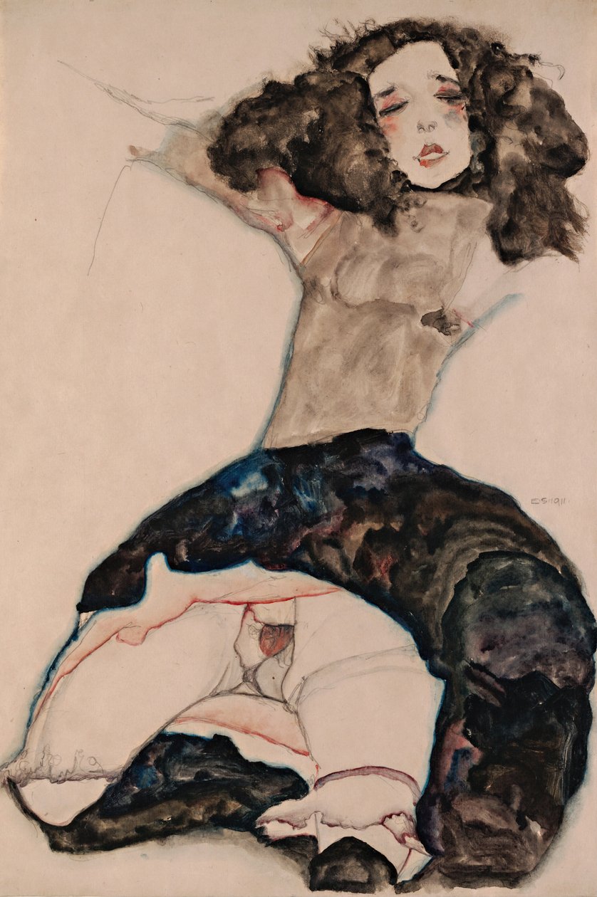 Une jeune fille aux cheveux noirs, la jupe relevée - Egon Schiele