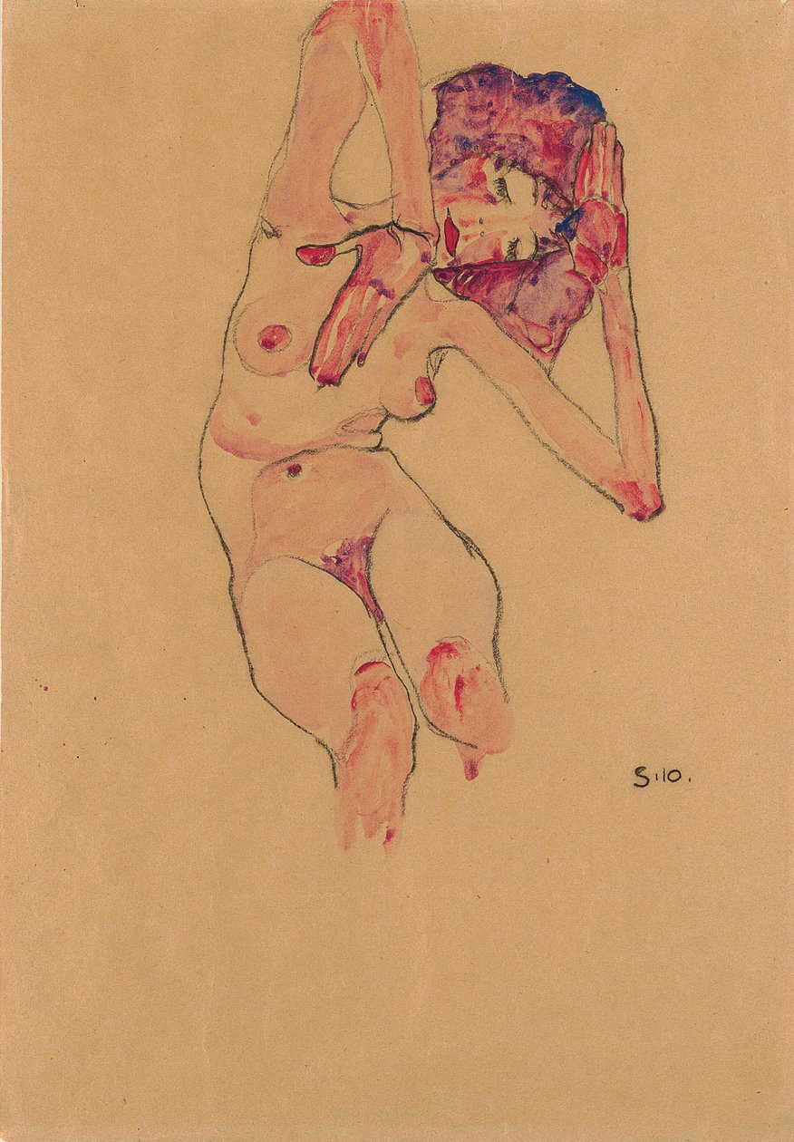 Nu féminin assis avec la tête inclinée et les bras levés, 1910 - Egon Schiele