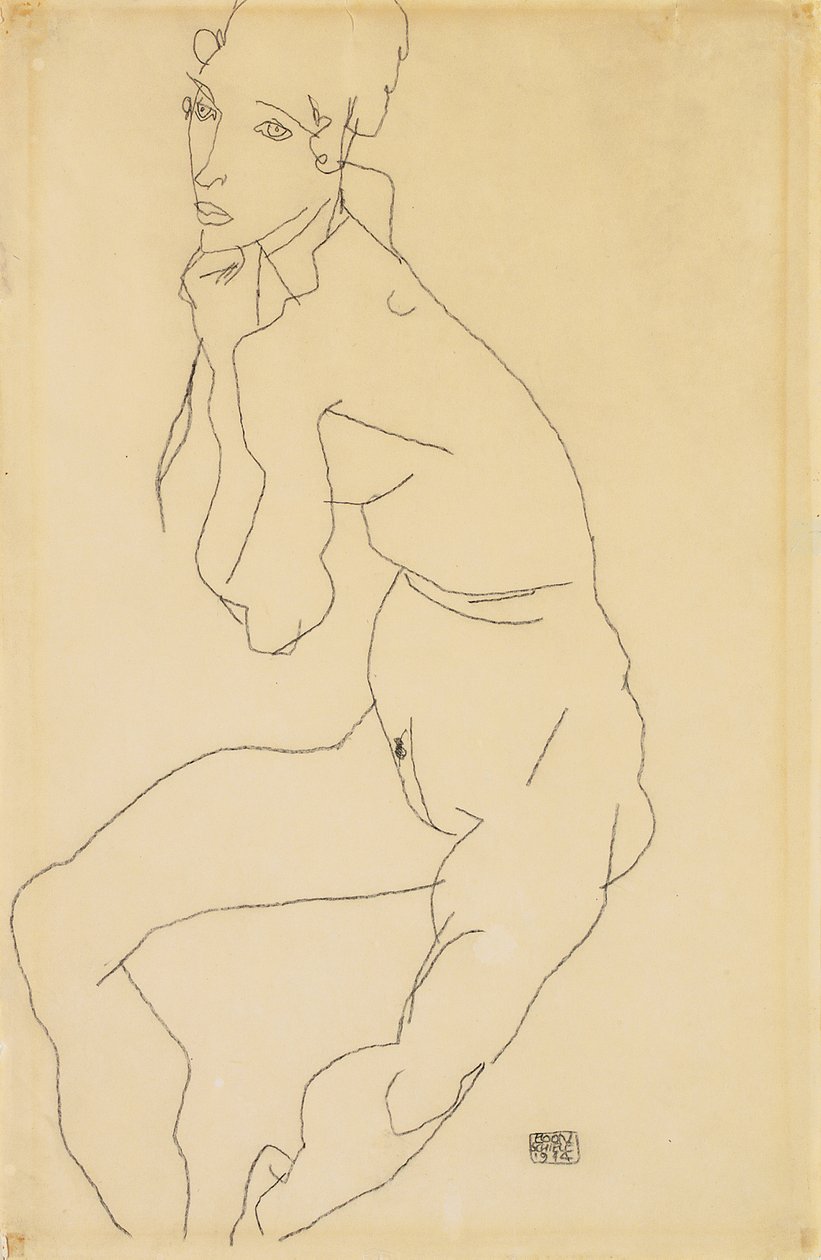 Femme nue assise avec la main sur le menton, 1914 - Egon Schiele