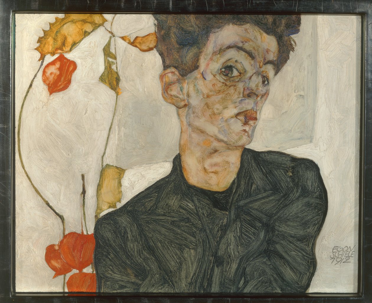 Autoportrait aux fruits de lampions ... (huile et aquarelle sur toile) - Egon Schiele