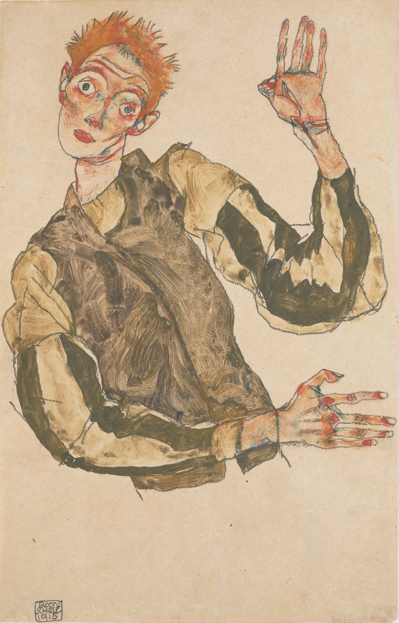 Autoportrait avec protège-manches rayés - Egon Schiele