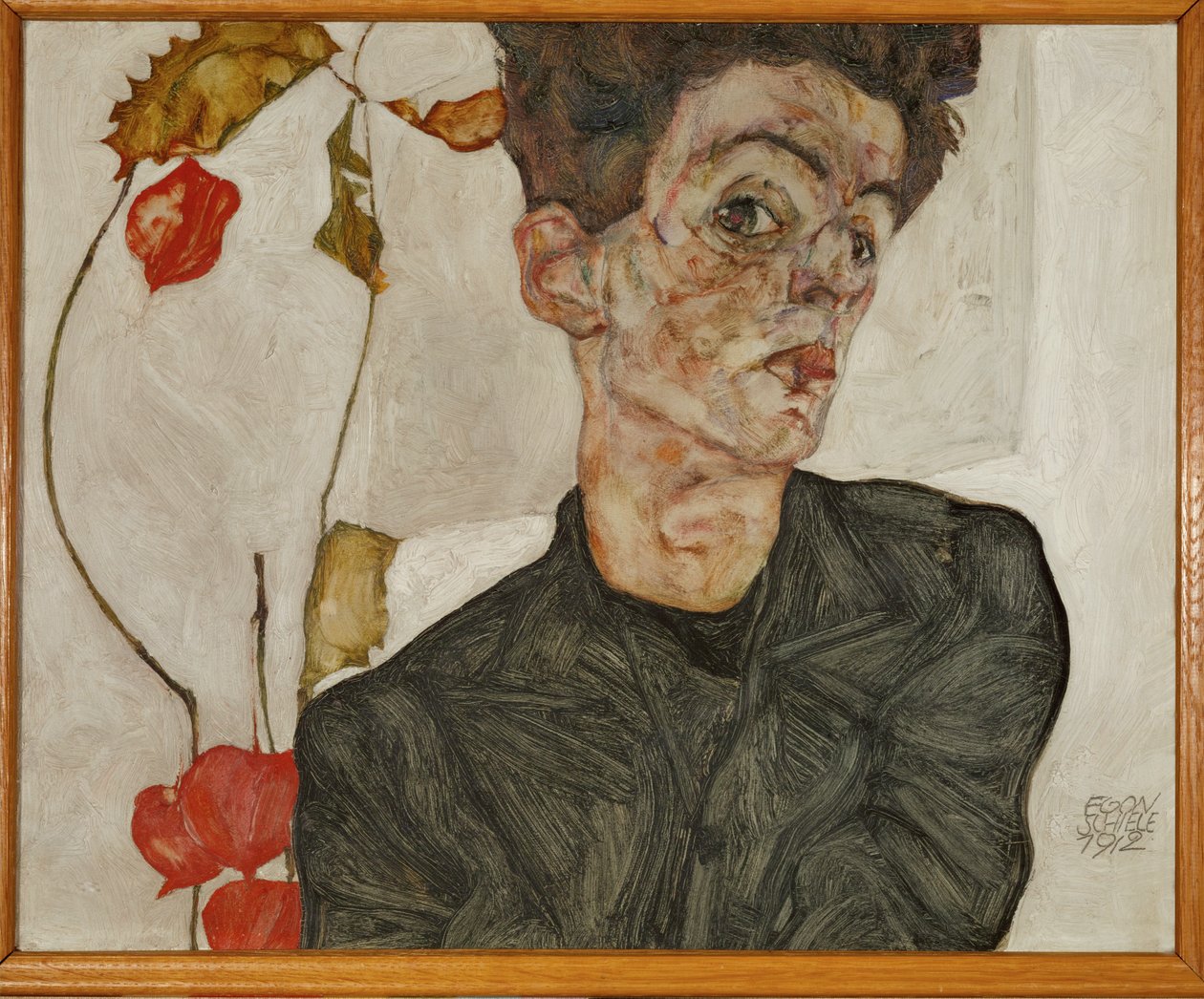 Autoportrait à la lanterne chinoise et aux fruits (peinture sur bois) - Egon Schiele