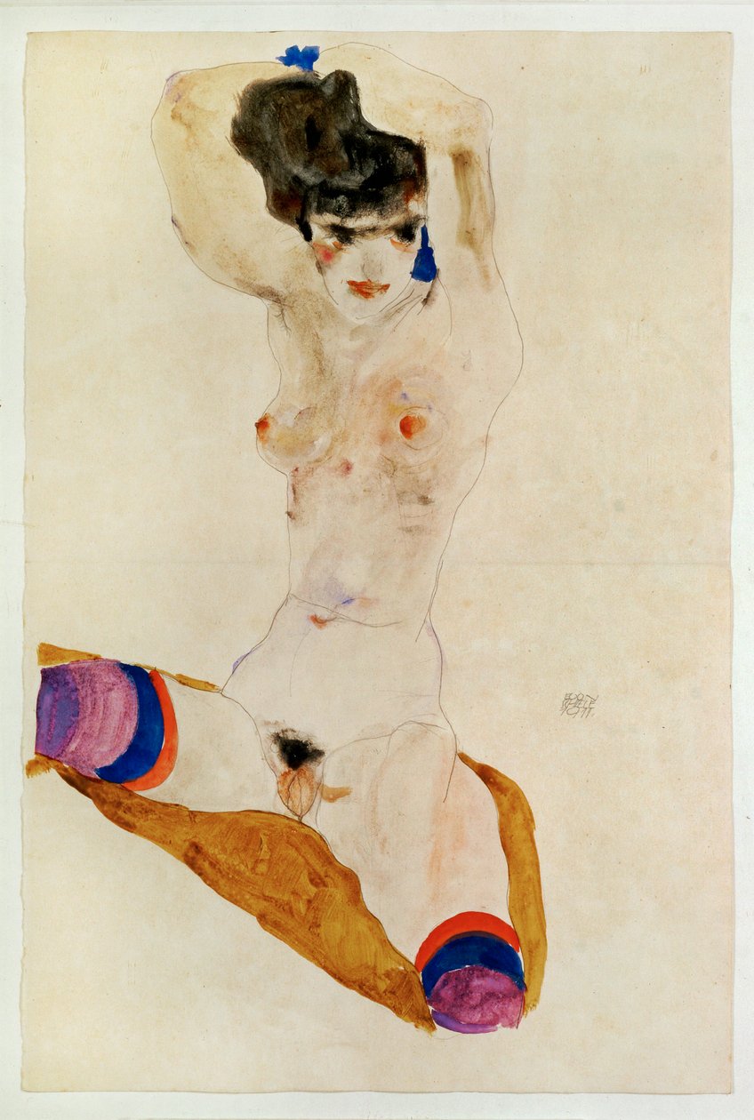 Fillette nue assise avec la tête au-dessus ... (watercolour and pencil) - Egon Schiele