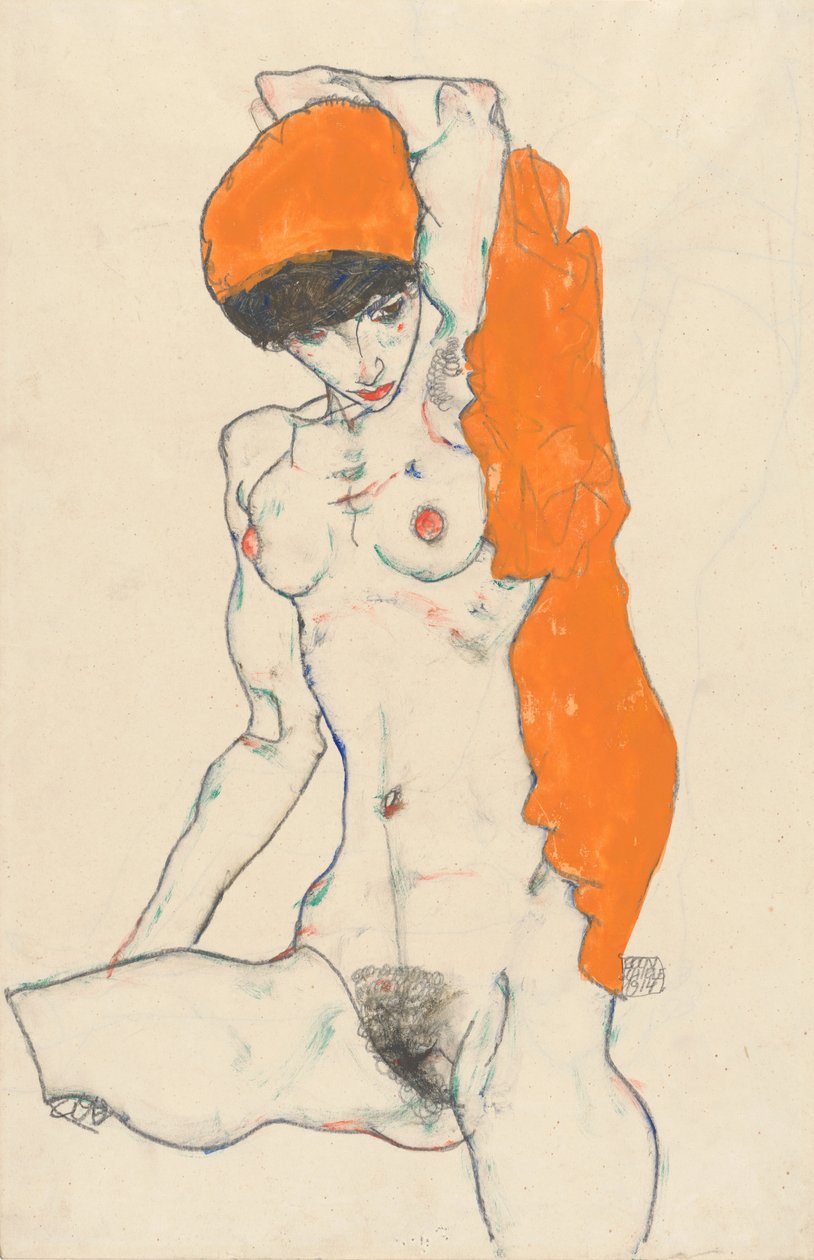 Nu debout avec draperie orange - Egon Schiele