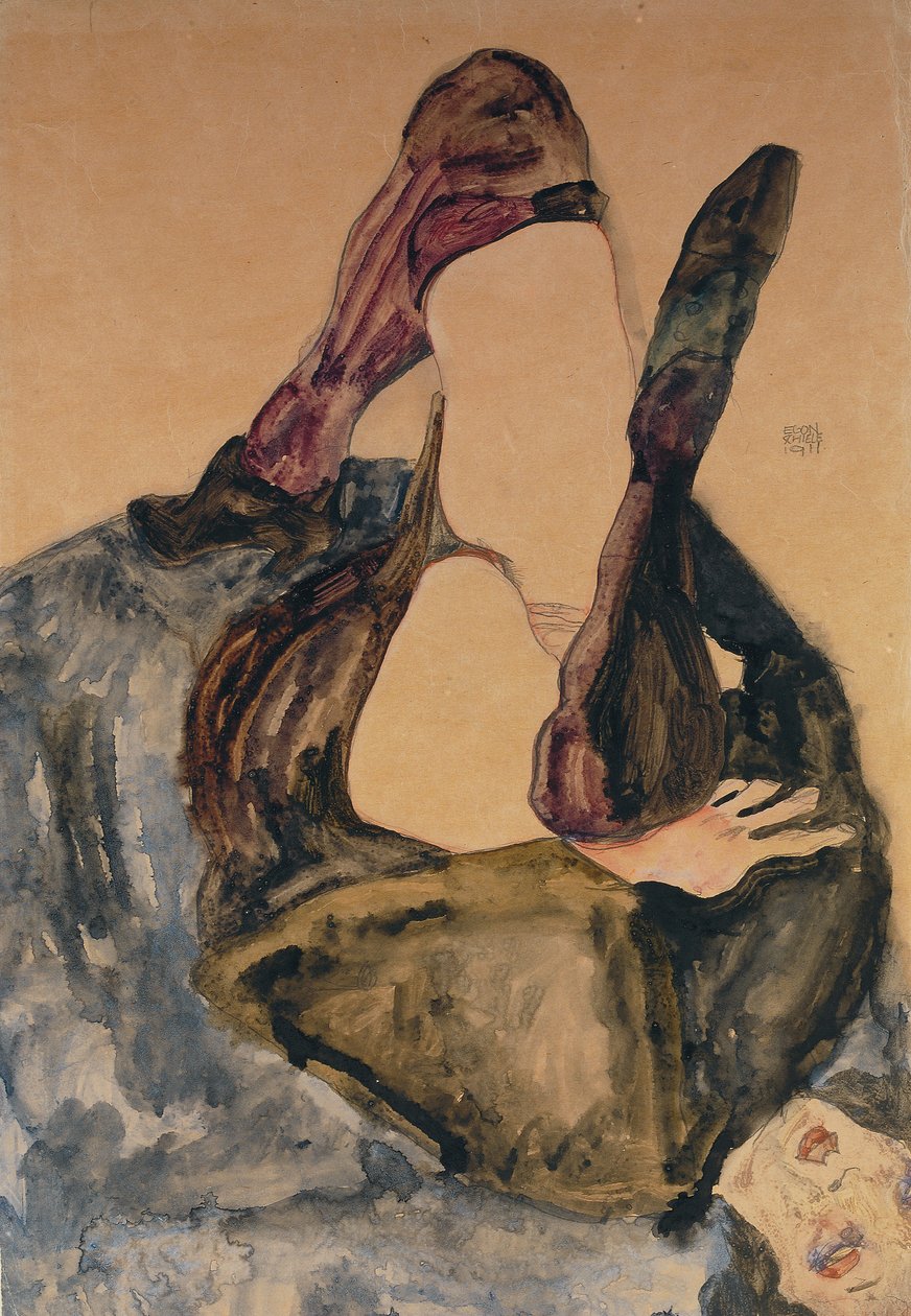Femme avec jambe levée et bas violets; Frau mit Erhobenem Bein und Lila Strumpfen, 1911 - Egon Schiele