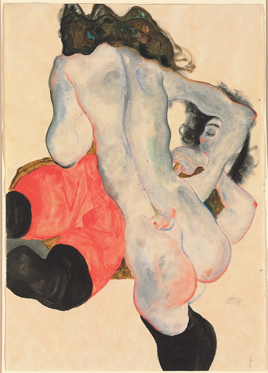 Femme avec pantalon rouge et nu féminin debout, 1912 - Egon Schiele